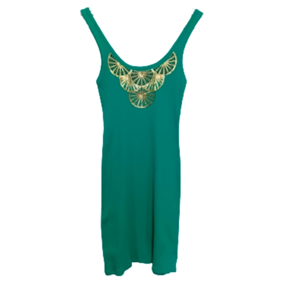 MODA INTERNATIONAL Green Ribbed Knit Dress Gold Sequin Y2K Small Bodycon